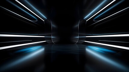 Futuristic Dark Podium and Corridor with Luminous Reflective Backdrop