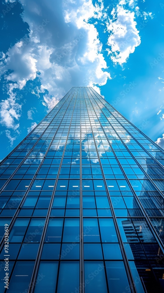 Poster a view of a tall building with lots of windows and clouds, ai