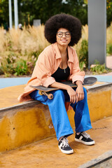 A young African American woman with curly hair sits on a ledge with her skateboard in a vibrant...