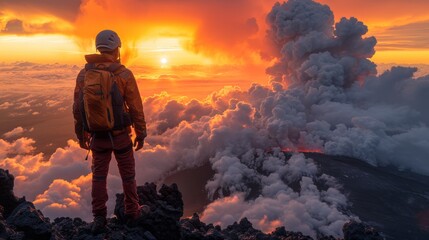 A man standing on top of a mountain looking at the sky, AI - obrazy, fototapety, plakaty