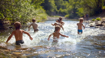 Fototapeta premium Joyful kids playing in a sparkling river on a hot summer day.