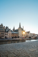 Obraz premium Ghent promenade called the Graslei and the charming historic houses at sunrise. The centre of the Belgian city. Flanders