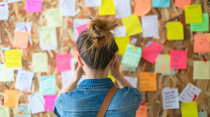 Backview of a woman front of full of sticky notes. Background photos for new idea and project. Generateive AI.