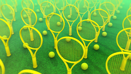 A background of an endless array of tennis rackets.