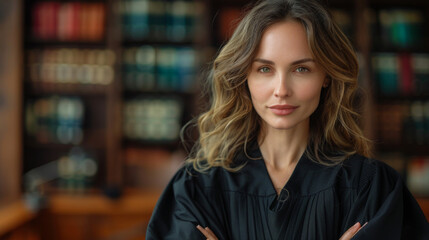 Mature judge looking at the camera while standing against a studio background. Experienced female judge holding a gavel while standing in her black gown.