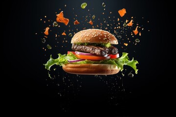 Fast food staple Hamburger on a bun with flying vegetables on black background - 782039635