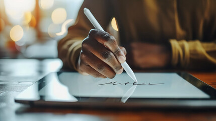 A person writes on a tablet with a pen. AI.
