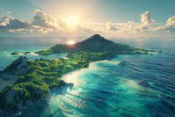 Generate an AI-rendered drone view of a sun-kissed archipelago, with turquoise waters and lush...