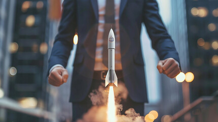 Business man launching rocket. Background photo for Conducting product launches or release and innovation. Generative AI.