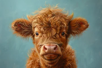 Fotobehang Generate an image capturing the playful spirit of a baby Highland cow's fuzzy coat in extreme close-up, with tufts of hair framing its curious eyes and a mischievous smile, exuding a sense of warmth © Izhar