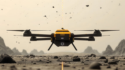 An unmanned aerial vehicle (UAV) drone hovers above a stark, rocky terrain, seemingly engaged in a survey or exploration mission