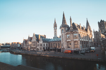 Ghent promenade called the Graslei and the charming historic houses at sunrise. The centre of the...