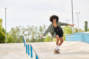 A young African American woman with curly hair confidently rides a skateboard down the side of a ramp at an outdoor skate park.