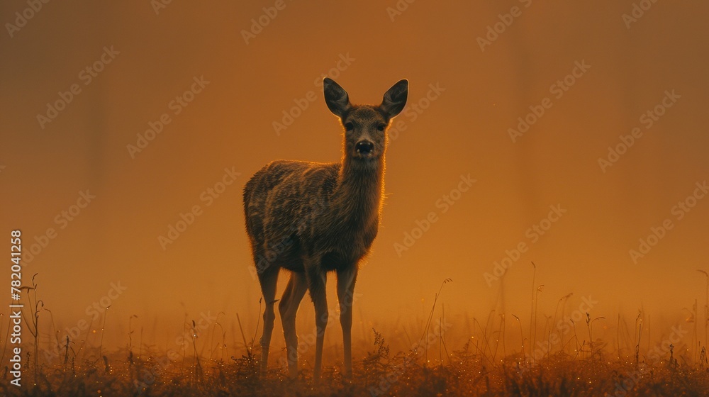 Poster a deer standing in a field with fog and trees behind it, ai