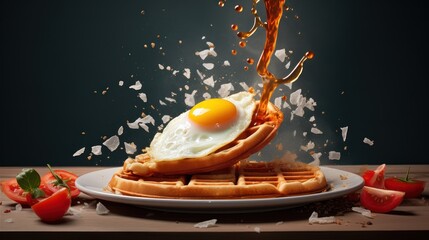A comforting dish of waffles stacked with eggs and syrup on a plate - 782041215