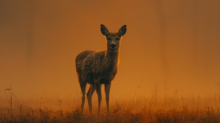 A deer standing in a field with fog and trees behind it, AI