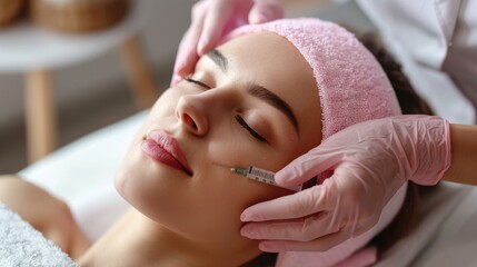 Cosmetologist makes rejuvenating anti wrinkle injections on the face of a beautiful woman.