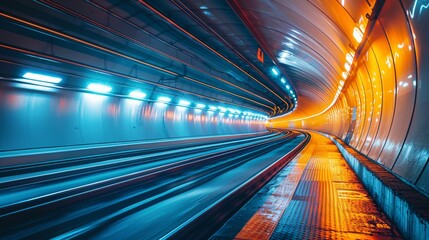 A train is moving through a tunnel with lights on, AI