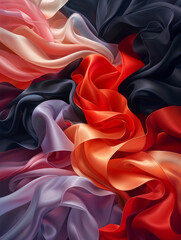 Cascade of colorful silk fabrics. The luxurious materials, in rich shades of red, orange, pink, purple, and black, are artfully arranged, creating a dynamic composition of flowing lines, soft folds