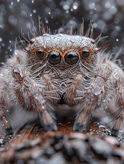 Macro photograph capturing the intricate details of a jumping spider. With its large, expressive eyes and hairy body glistening with water droplets, the spider appears both delicate and fierce.