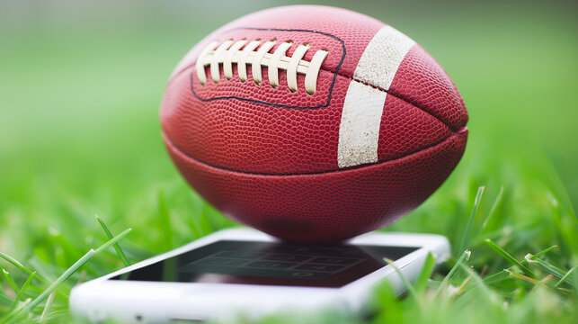 A football is placed on top of a cell phone. The football is red and white
