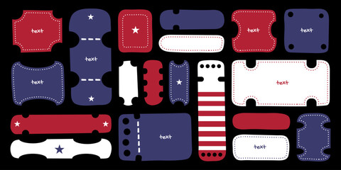 Graphic hand drawn frames with strokes, backgrounds for texts, backdrop stickers and labels in american flag colors with stripes and stars. Vector illustration, design element set.