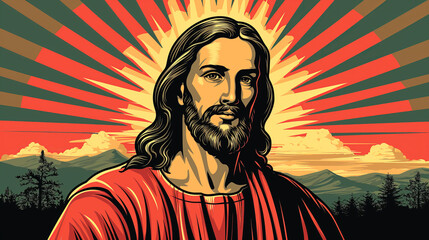 Colorful illustration of Jesus Christ. The background features mountains and trees