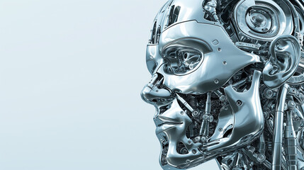 A silver robot head with a face and a silver body