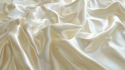 Delicate beauty of ivory silk fabric. The smooth, flowing material is gracefully draped, creating soft folds and curves that catch the light, producing a subtle sheen and a sense of movement.