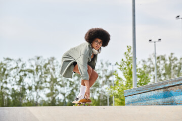 A young African American woman with curly hair confidently rides a skateboard down the ramp in a...