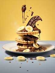A heavenly stack of waffles topped with bananas and chocolate sauce on a plate - 782042257