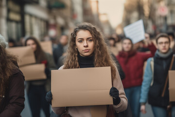 Woman at demonstration looking at camera holding banner with copy space for text