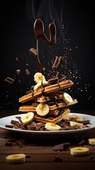 A heavenly stack of waffles topped with bananas and chocolate sauce on a plate - 782042445