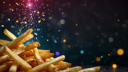 Crispy golden french fries mid-air with a sparkling and bokeh background, conveying indulgence and delicious fast food craving - obrazy, fototapety, plakaty