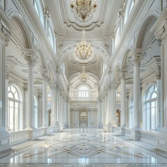 Fototapeta premium White Castle Interiors, Empty Victorian Hall, Luxury Hotel Lobby, Royal Villa, Copy Space