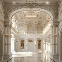 Obraz premium White Castle Interiors, Empty Victorian Hall, Luxury Hotel Lobby, Royal Villa, Copy Space