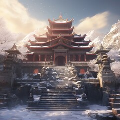 illustration of Majestic Ancient Chinese Fantasy Temple Winter, Generative ai