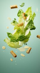 A Caesar salad with lettuce, croutons, and dressing is floating through the air - 782042840