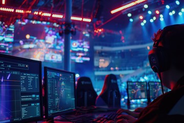 A man wearing headphones is seated in front of two computer monitors in an eSports gaming...