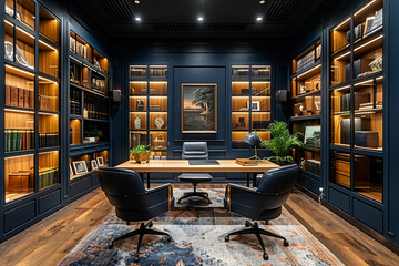 Generate an image showcasing the symmetrical design of a home office space, with matching desks and ergonomic chairs positioned on either side of a central workspace, surrounded by organized shelves a