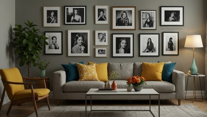 Fototapeta premium Stylishly decorated living room with chic furniture and a wall displaying a collection of framed black and white photographs
