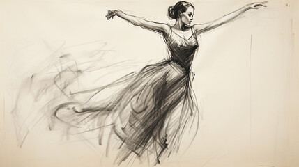 Black charcoal pencil drawing of a young active dancing lady in white background with live performance	