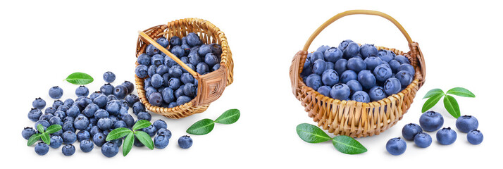 fresh ripe blueberry in wooden basket isolated on white background