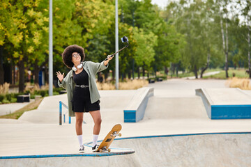 A young African American woman with curly hair confidently skateboarding at an outdoor skate park on a sunny day.