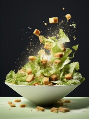 a bowl of caesar salad with croutons falling out of it - 782043204