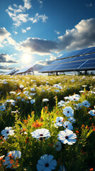 Solar Panels in the Sun: A field of solar panels glistening in the sunlight.