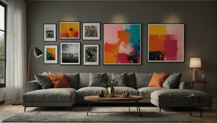 A contemporary styled living room showcasing a variety of abstract art pieces on the wall, offering an aesthetic appeal