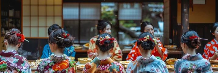 Schilderijen op glas Traditional Japanese Women in Kimono Eating Pizza, Japanese Traditional Style © artemstepanov
