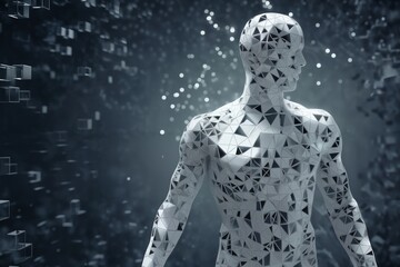 Fototapeta na wymiar a human body made of disintegrating squares and cubes, standing in front of a digital background with abstract particles in space, cybernetics, computer rendering