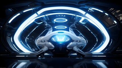Futuristic Spaceship Interior Enveloped in Radiant Blue and White Lighting Scheme